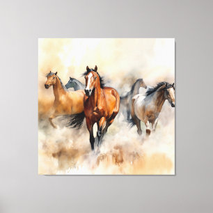 „Fünf wilde Mustangs“ staubige westliche Aquarellm Leinwanddruck