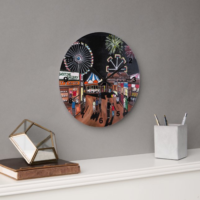 Funfair at Night Painting by Alfred Fox Große Wanduhr (Büro)