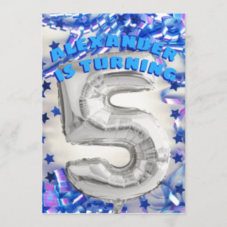 Fünfter Geburtstag Silber und Blau Alter 5 Jungen  Einladung