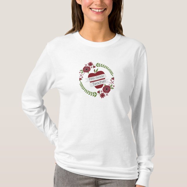 Fünfter Grad-Lehrer BlumenKranz-roter Apples T-Shirt (Vorderseite)