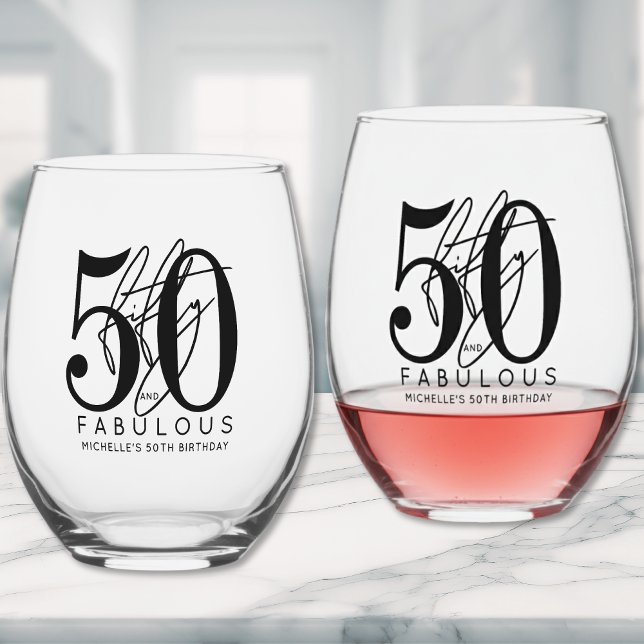 Fünfzig 50. Geburtstag Weinglas Ohne Stiel (Fifty Fabulous 50th Birthday Party Stemless Wine Glass)