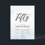 fünfzig | Blue Watercolor 50. Geburtstagsparty Einladung<br><div class="desc">Feiern Sie Ihren besonderen Tag mit dieser einfachen minimalen 50. Geburtstagsfeier. Dieses Design verfügt über ein stilvolles Schriftzeichen "Fifty" mit einem weichen,  blau-mintfarbenen Aquarell-Hintergrund. Mehr Geburtstagseinladungen für Erwachsene und Party-Zubehör sind in meinem Shop BaraBomDesign erhältlich.</div>