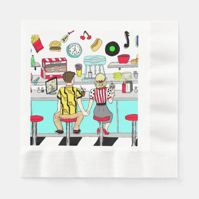 Fünfzig Diner Nostalgic Couple Holding Hands Napki Serviette (Vorderseite)