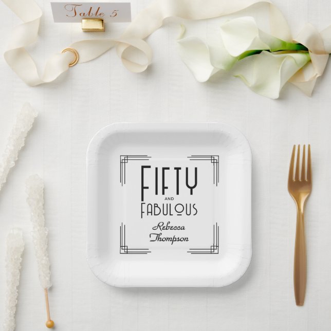 Fünfzig Fabelhaft Schwarz Weiß Art Deco 50. Geburt Pappteller (Hochzeit)