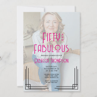 Fünfzig Fabelhafte Foto Rosa Art Deco 50. Geburtst Einladung