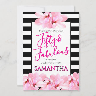 Fünfzig & Fantastisch Rosa Floral Schwarz Streifen Einladung