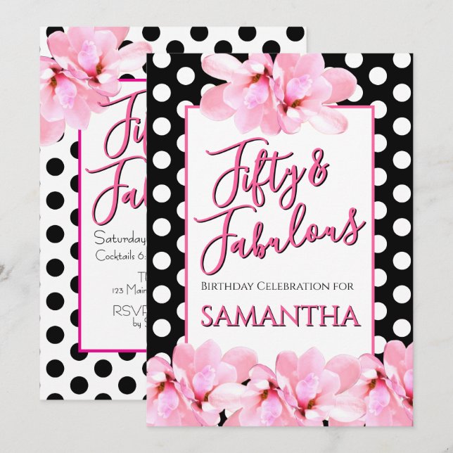 Fünfzig & Fantastisch Rosa Floral Schwarzer Geburt Einladung (Vorne/Hinten)