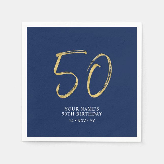 fünfzig | Gold & Navy Blue Lettering 50. Geburtsta Serviette (Vorderseite)