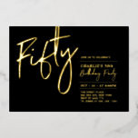 fünfzig | Modern Black Gold 50. Geburtstagsparty Folieneinladung<br><div class="desc">Feiern Sie Ihren besonderen Tag mit dieser stilvollen 50. Geburtstagsfoto-Einladung. Dieses Design hat einen schicken Goldfolientext "50" mit einem sauberen Layout. Sie können die Briefmarke der reellen Folie wählen (Gold,  Silber,  Rose Gold). Weitere Designs und Party-Zubehör sind in meinem Shop BaraBomDesign erhältlich.</div>