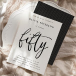 fünfzig | Moderne B&W 50. Geburtstagsparty Typogra Einladung<br><div class="desc">Diese einfachen, eleganten, aber raffinierten 50. Geburtstagsfeierlichkeiten sind mit dem Wort "fünfzig" in handgeschriebenen Stil Kalligraphie-Skript und einer gut Abstand, moderne Sans Serif Typografie. Sie können das Farbschema ganz einfach auf Ihre eigene, maßgeschneiderte Zweifarbenpalette umstellen, indem Sie die Schaltfläche "Bearbeiten mit dem Design-Tool" benutzen oder mit dem klassischen, minimalistischen Schwarz-Weiß-Stil...</div>