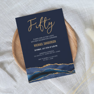 fünfzig | Navy Blue Gold Agate Men's 50. Geburtsta Einladung