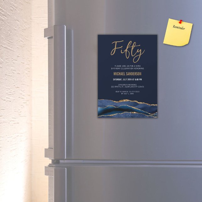 fünfzig | Navy Blue Gold Agate Men's 50. Geburtsta Magneteinladung (Von Creator hochgeladen)