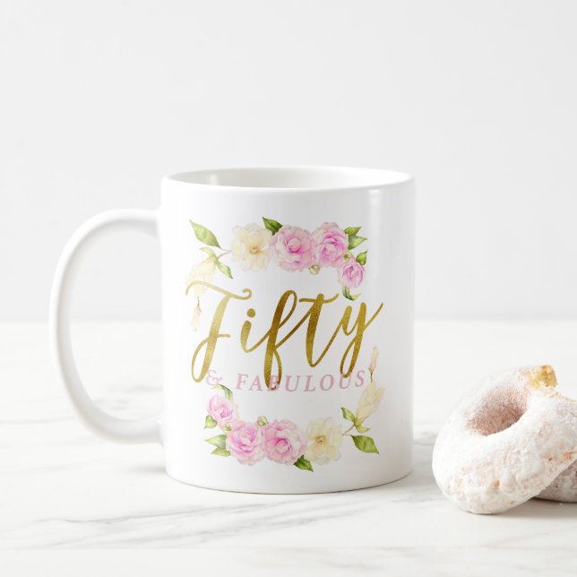 Fünfzig und fabelhaftes Blumengoldrosa Kaffeetasse (Mit Donut)