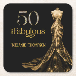 Fünfzig und Fantastisch Goldenes Kleid Schwarz 50. Rechteckiger Pappuntersetzer
