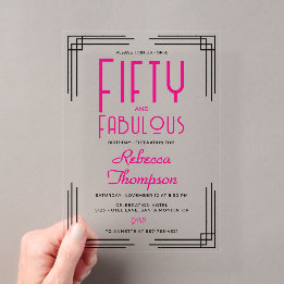 Fünfzig und Fantastisch Hot Pink Art Deco 50. Gebu Acryleinladungen