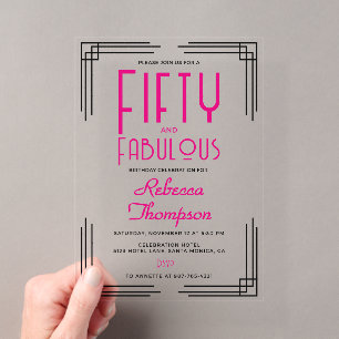 Fünfzig und Fantastisch Hot Pink Art Deco 50. Gebu Acryleinladungen