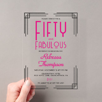 Fünfzig und Fantastisch Hot Pink Art Deco 50. Gebu Acryleinladungen