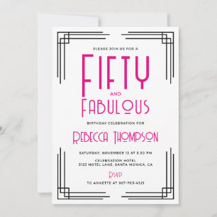 Fünfzig und fantastisch Hot Pink Art Deco 50. Gebu Einladung