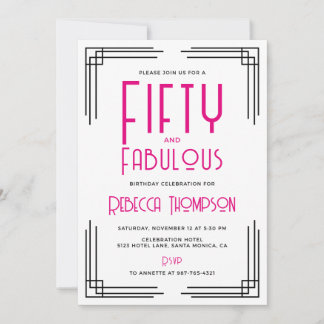 Fünfzig und fantastisch Hot Pink Art Deco 50. Gebu Einladung