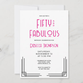Fünfzig und Fantastisch Hot Pink Art Deco 50. Gebu Einladung