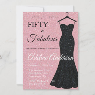 Fünfzig und Fantastisch Schwarz und Rosa Glitter 5 Einladung
