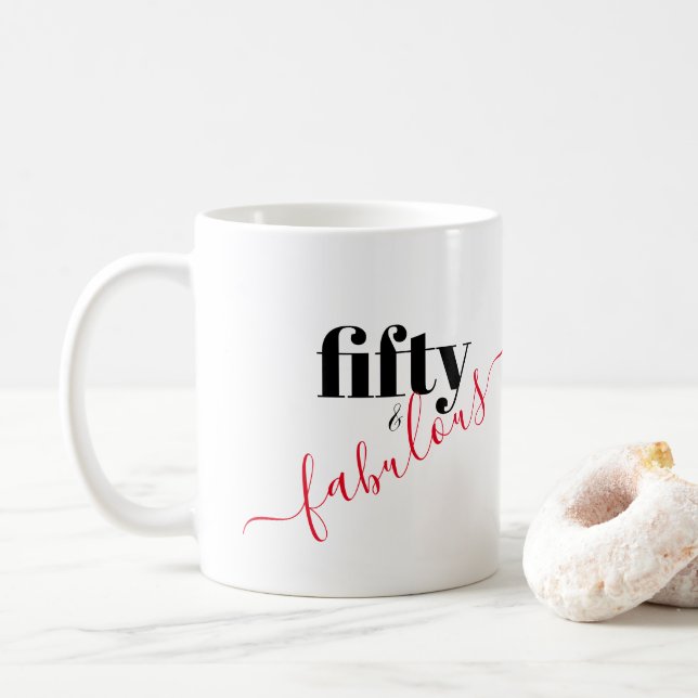 Fünfzig und üppig Schwarz-Rot-Script-Elegant Kaffeetasse (Mit Donut)