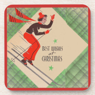 Fünfzigerjahre WeihnachtsSkifahrer Getränkeuntersetzer