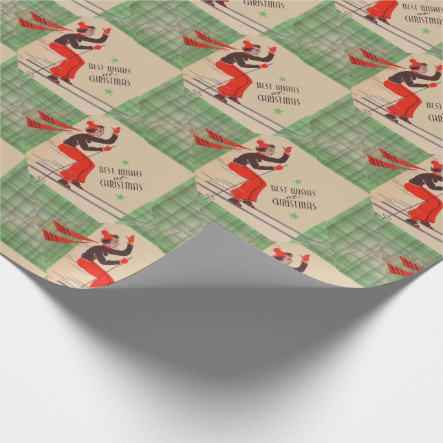 Fünfzigerjahre WeihnachtsSkifahrerdruck Geschenkpapier (Ecke)