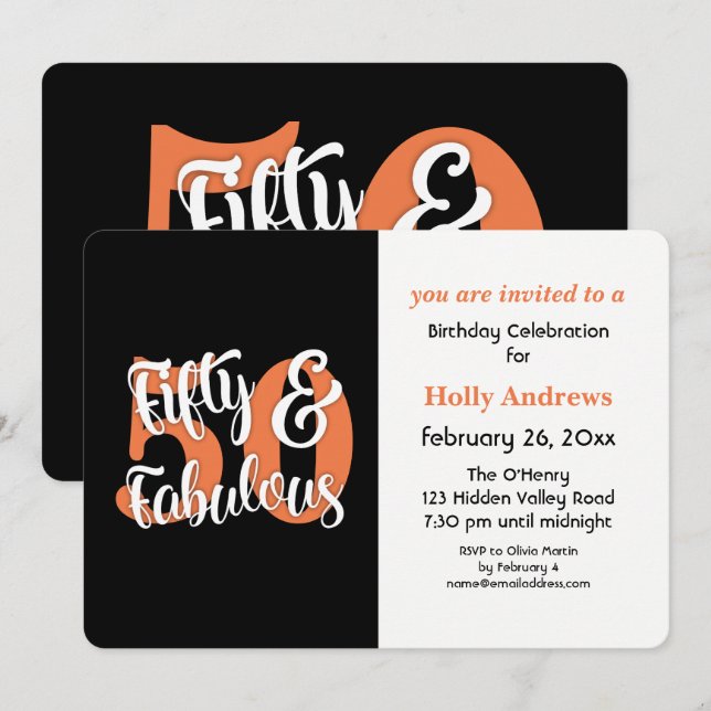 Fünfzigjährige und Fabulous-Orange-Typografie Gebu Einladung (Vorne/Hinten)