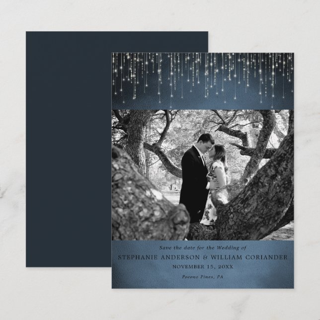 Funkelleuchten Navy Blue Foto Save the Date Einladung (Vorne/Hinten)