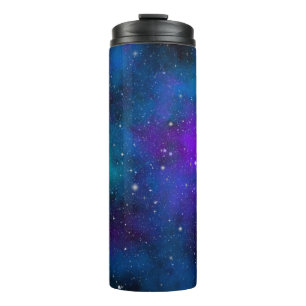 Funkeln auf blauem und Lila Raum-Hintergrund Thermosbecher