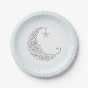 Funkeln-Stern-Silber-Mond-Blau Pappteller