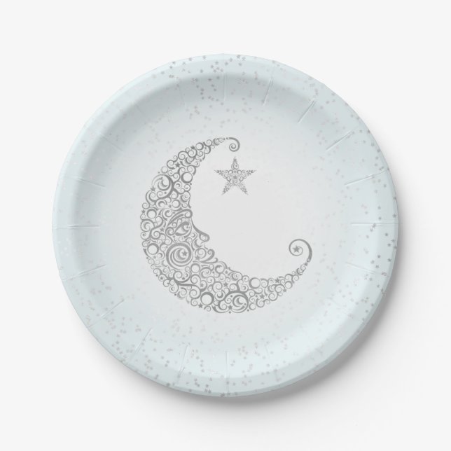 Funkeln-Stern-Silber-Mond-Blau Pappteller (Vorderseite)