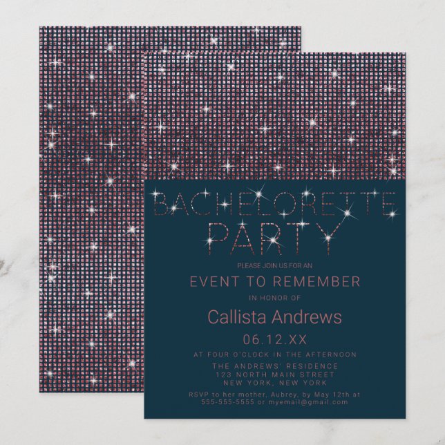 Funkelnd Aquamarin rosa Glitzer Sequins Bacheloret Einladung (Vorne/Hinten)