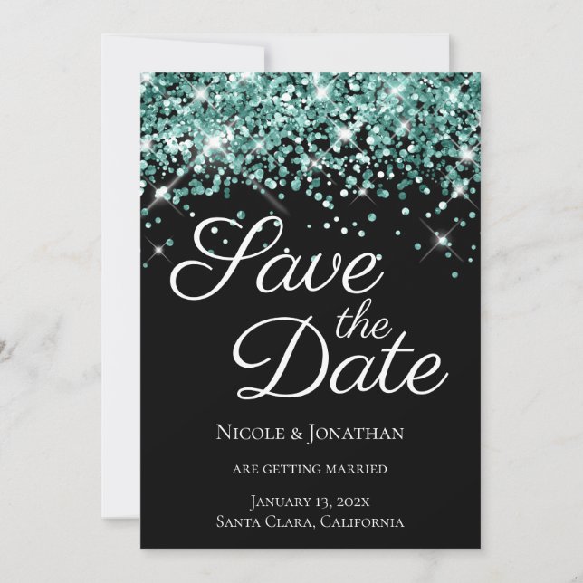 Funkelnd Aquamariner Glitzer Schwarzer Eleganter K Save The Date (Vorderseite)
