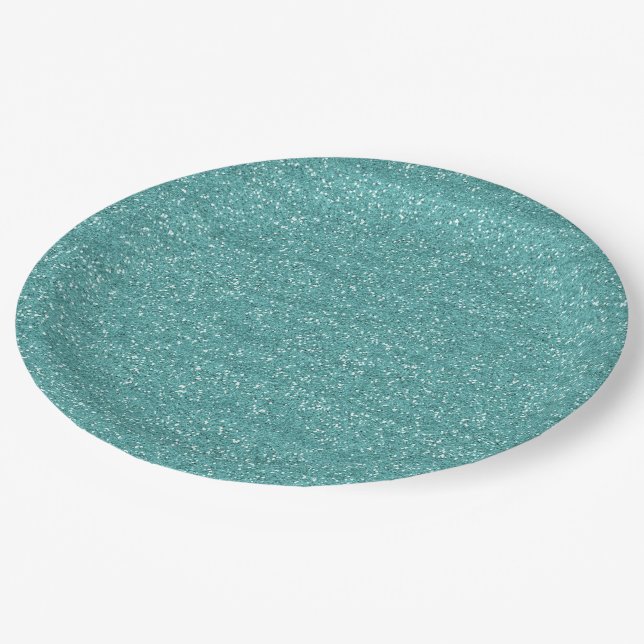 Funkelnd aquamariner u. silberner Glitzer Pappteller (Schrägansicht)