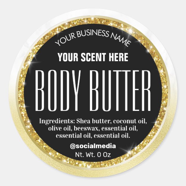 Funkelnd Black Gold Marmor Body Butter Labels Runder Aufkleber (Vorderseite)