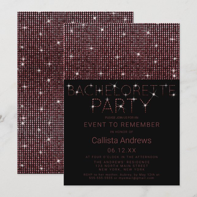 Funkelnd Black Pink Glitzer Sequins Bachelorette Einladung (Vorne/Hinten)