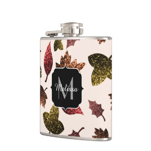 Funkelnd Blätter fallen Herbstmuster Monogramm Flachmann
