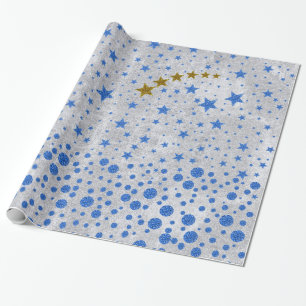 Funkelnd blaue Sterne auf abstraktem Silberpapier Geschenkpapier