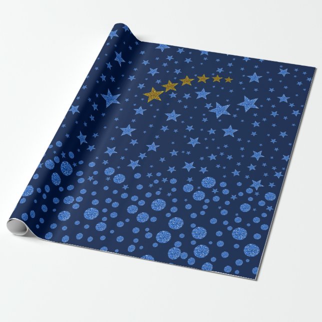 Funkelnd blaue Sterne auf blau Geschenkpapier (Ungerollt)