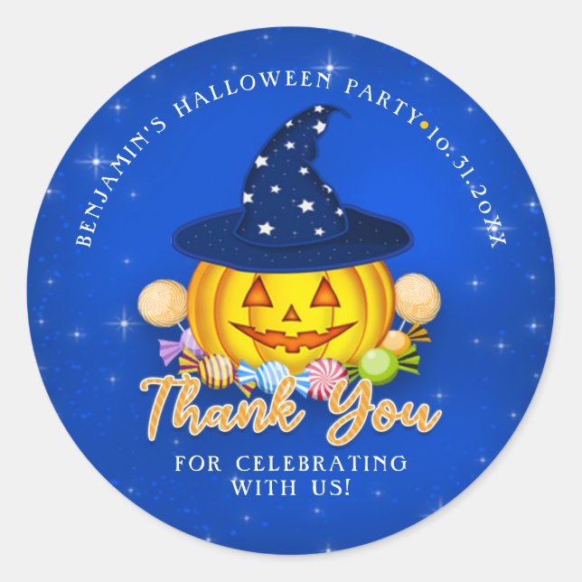 Funkelnd Blue Halloween Pumpkin Vielen Dank Runder Aufkleber (Vorderseite)