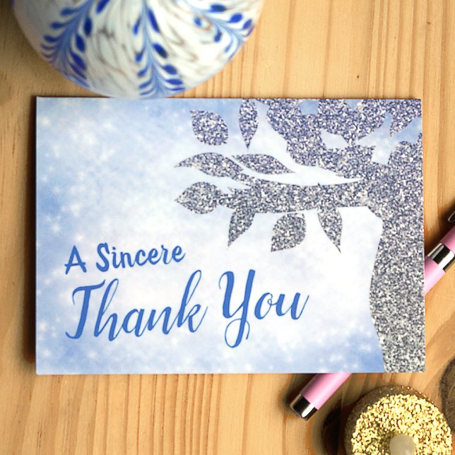 Funkelnd Blue Sincere Vielen Dank Dankeskarte (Blue and silver glitter tree of life thank you card for bat mitzvah guests)