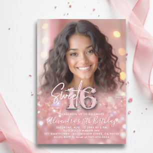 Funkelnd Blush Pink Elegantes Chic Foto Sweet 16 Einladung
