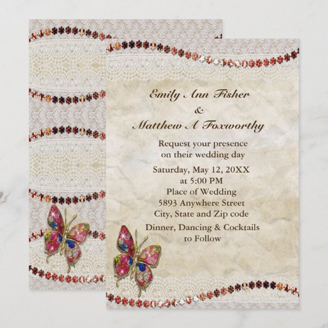 Funkelnd Butterfly, Lace & Parchment-Hochzeit Einladung (Vorne/Hinten)