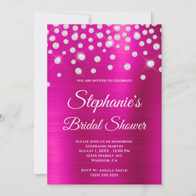 Funkelnd Diamond Hot Pink Satin Foil Brautparty Einladung (Vorderseite)