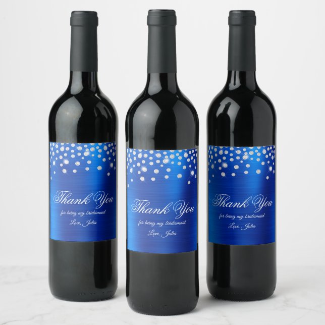Funkelnd Diamond Royal Blue Satin Foil Danke Weinetikett (Flaschen)