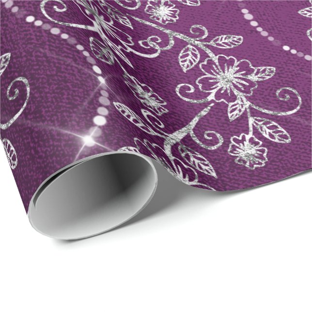Funkelnd Diamonds Silver Floral Lila Grau Pflaume Geschenkpapier (Rolleneckpunkt)