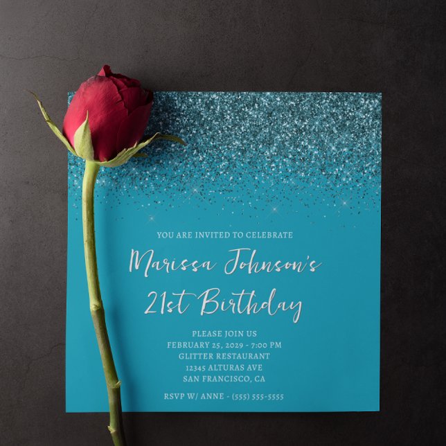 Funkelnd dunkler Aquamariner Glitzer Azure 21. Geb Einladung (Sparkly Dark Teal Glitter Azure 21st Birthday Invitation)