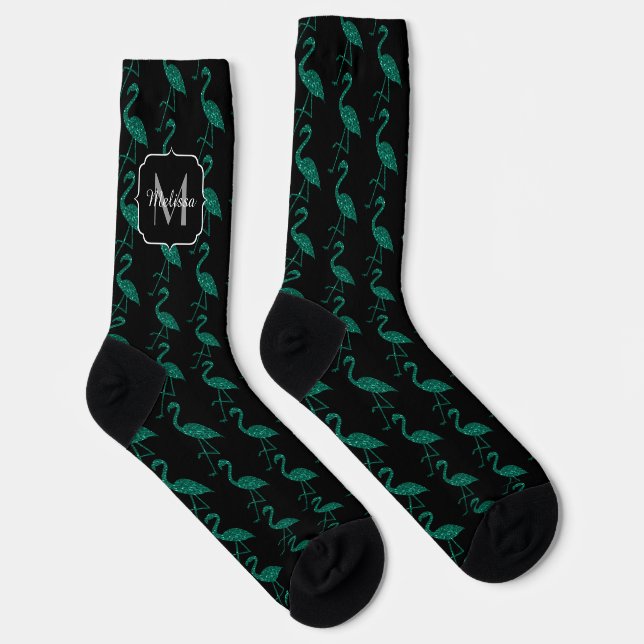 Funkelnd Flamingo Emerald Glitzer Muster Monogram Socken (Rechts)